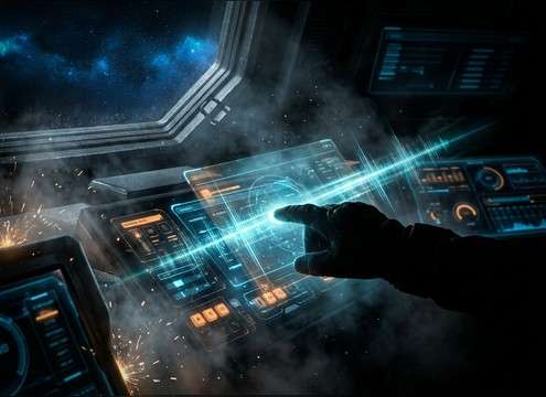 Sci-fi cockpit interface with futuristic button clicks