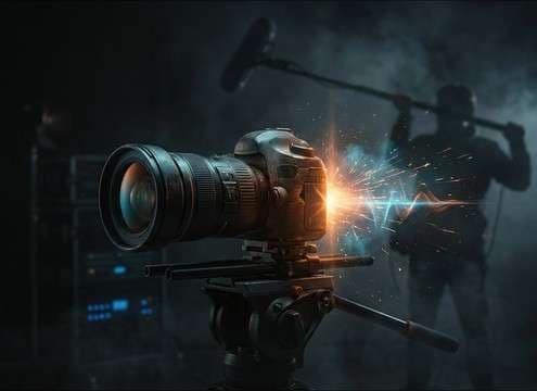 Actor holding a camera with synced shutter sound
