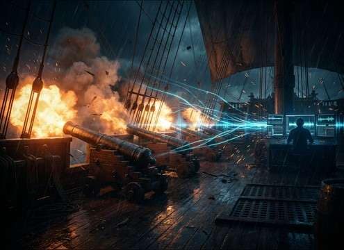 Cannon broadside sound effect synced to ship battle scene