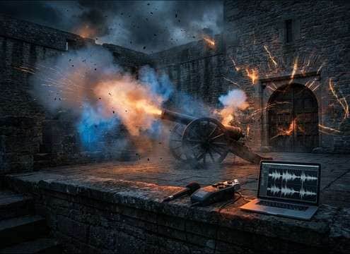 Fort siege cannon sound with stone reflections and long tail