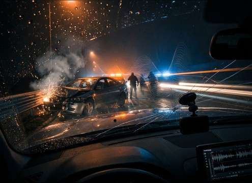 Dashcam style clip with a rear-end collision sound effect