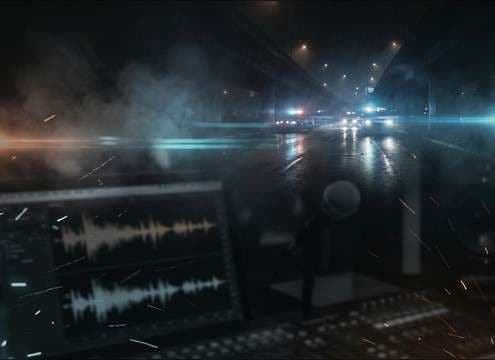 Audio drama session with distant collision and radio chatter layers