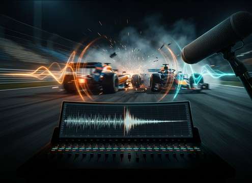 Racing scene with a high-speed crash and debris sound