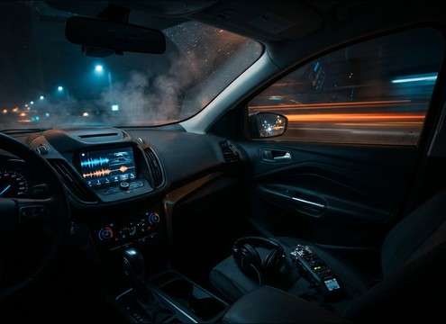 Interior dashboard POV with subtle engine and road noise
