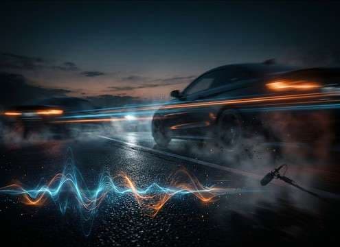 Chase car tracking shot with exterior driving sound bed