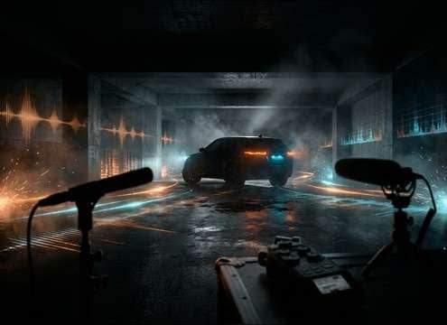 Car entering a parking garage with echoing engine reflections