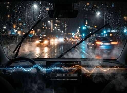 Driving in rain with wet tire spray and controlled wind