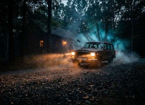 Car turning onto a gravel driveway with crunchy tire debris