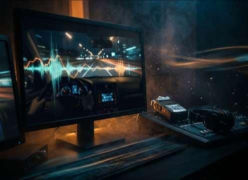 Driving simulator replay screen with controlled engine ambience