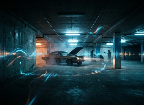 Engine sound with parking garage reflections and tail