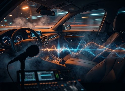 In-cabin car engine hum sound under dialogue
