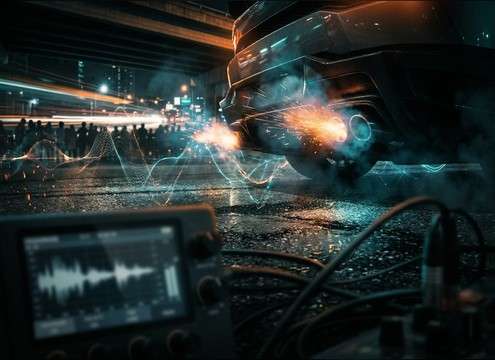 Car rev sound effect synced to street race cutaway shots