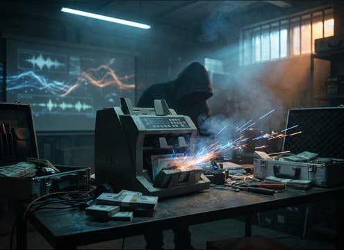 Dramatic cash counting table scene with fast machine SFX