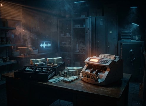 Backroom cash office ambience with distant money counter