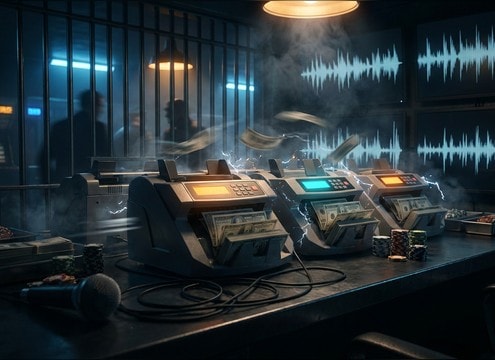 Casino cashier cage montage with cash counting machine audio