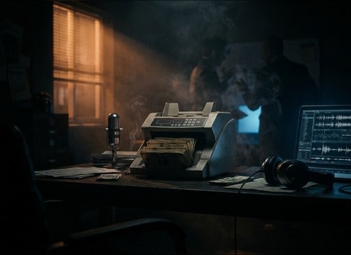Audio drama scene using close-mic money counter sounds