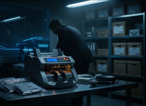 Procedural evidence room scene with slow cash counter SFX