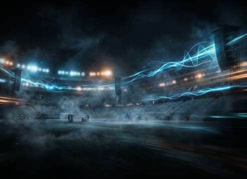 Distant stadium crowd cheer behind a PA announcement