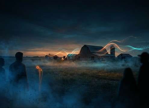 Wide farmyard scene with distant chicken clucking ambience