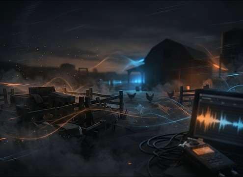 Farm simulation game scene with looping chicken clucking ambience