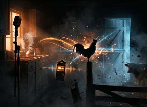 Punchy chicken crowing sound for montage cuts