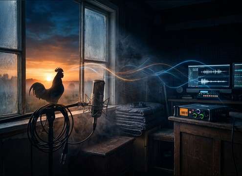 Muffled rooster crow through window for audio drama