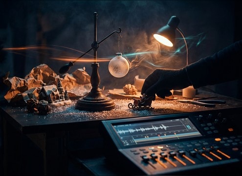 Stop-motion Christmas scene synced with ornament clinks and wrapping foley