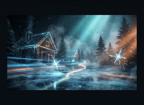 Game winter event ambience with reindeer hoof steps and cabin crackle