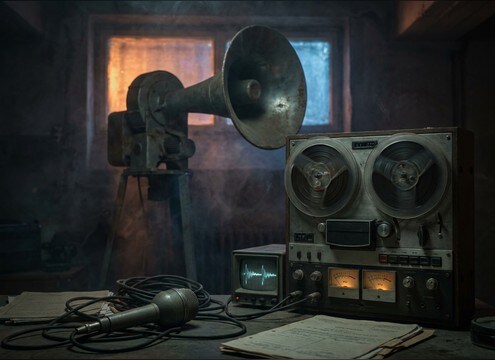 Documentary reenactment scene with a distant mechanical siren layer