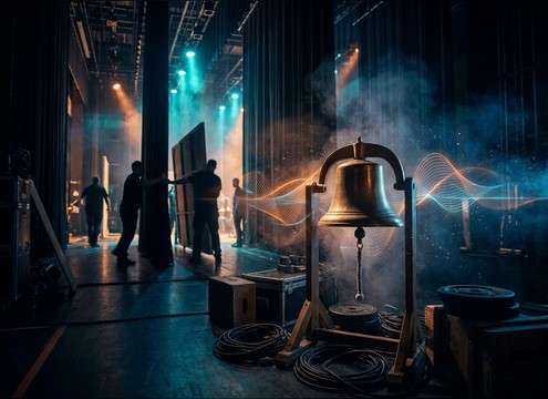 Theater scene change using a school bell sound