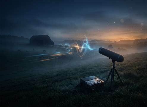 Distant cow sounds under dialogue in an audio drama countryside scene
