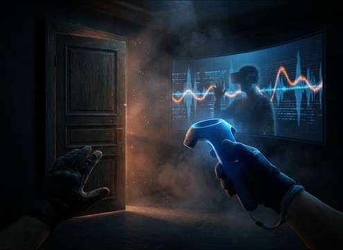 Wide stereo door creak sound for VR escape room interaction