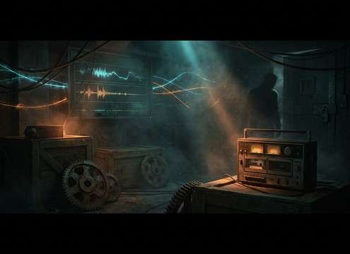 Escape room puzzle scene using eerie UI-like glitch sound