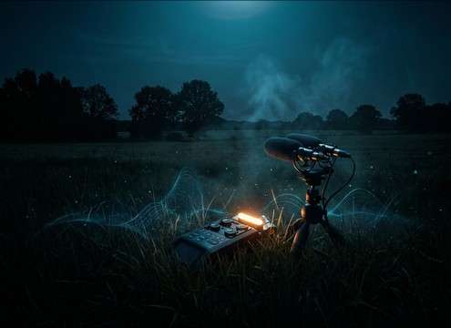 Crickets ambience under a nighttime exterior establishing shot