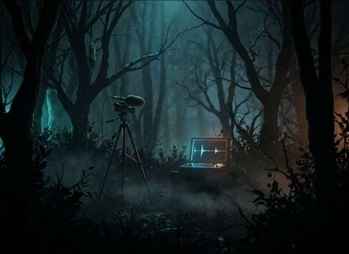 Sparse cricket chirps used to build suspense in a horror scene