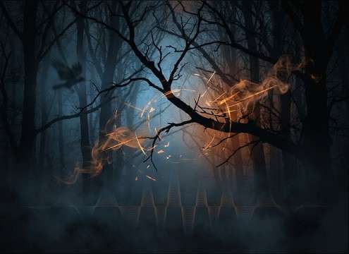 Crow caw sound effect under a dark forest scene
