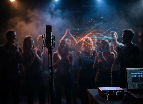 Comedy club scene with audience laughter matched to stage mic distance