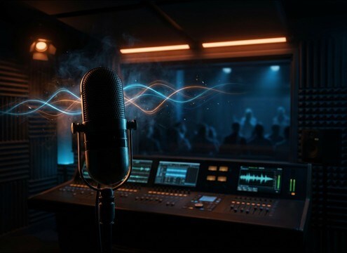 Audio editor mixing audience laughter under spoken comedy segment