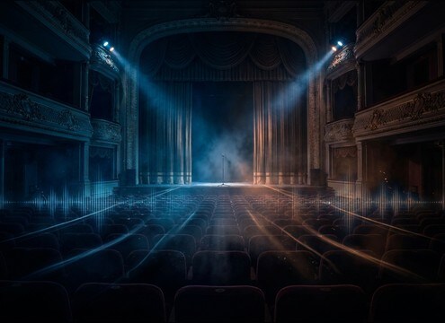 Wide theater shot with distant audience laughter and soft room reflections