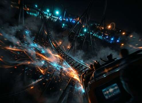 Amusement ride POV with close crowd screams