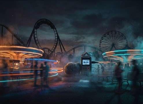 Theme park crowd murmur ambience loop