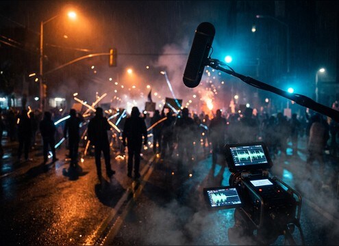 Street protest crowd yelling ambience for a documentary scene