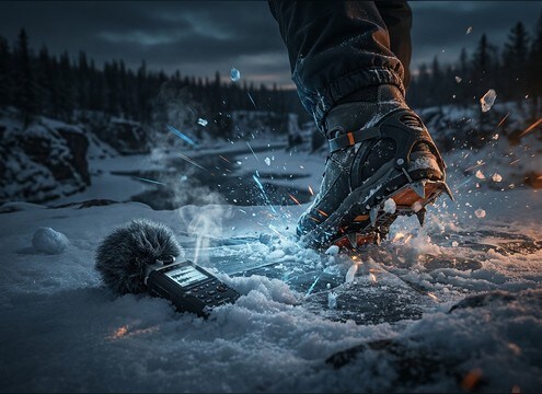 Boot steps on snow with powdery crunch texture