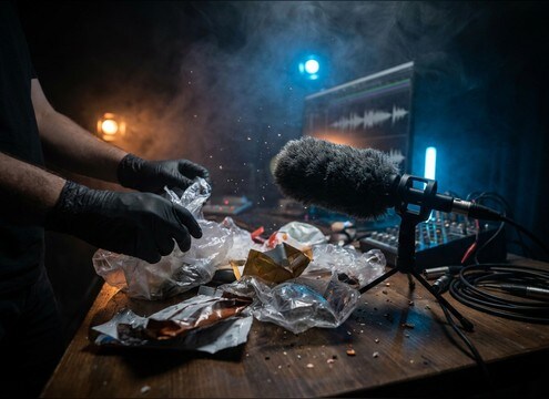 Hands crinkling a plastic bag for prop foley