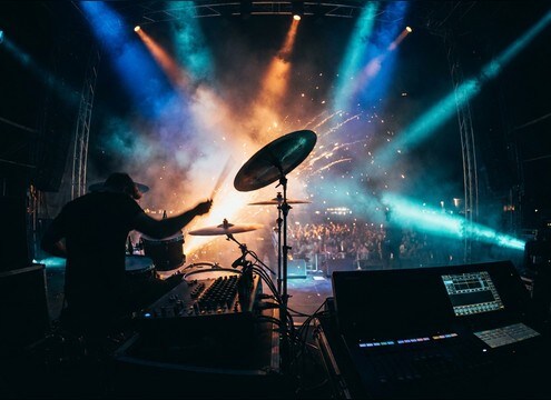 Cymbal swell and crash sound effects for a live stage cue