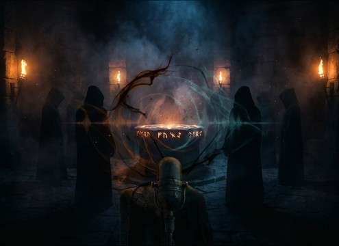 Low demonic chuckle under an occult ritual scene