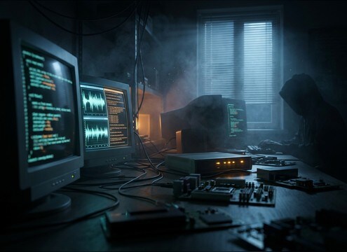 Distant dial-up modem ambience in a hacker room scene
