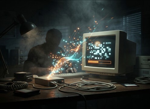 Dial-up handshake sound synced to a retro desktop boot sequence