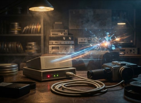 Dial-up modem sound replacing on-set prop audio in a film scene
