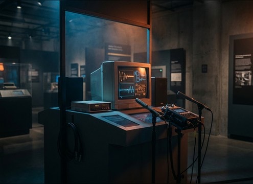 Dial-up audio playing from a museum kiosk with room ambience
